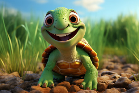 3D render of a cute cartoon turtle sitting on the ground.の素材
