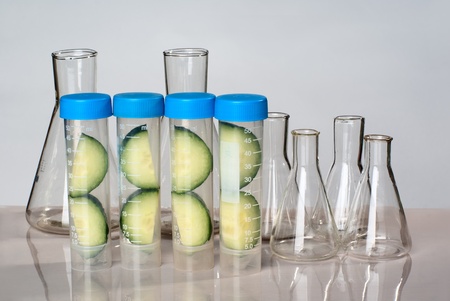 Empty flasks with cucumber in tubes.の写真素材