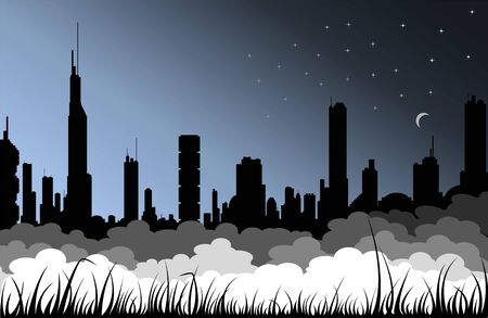 Picture of modern big sity in the night with fog and grass silhouettes のイラスト素材