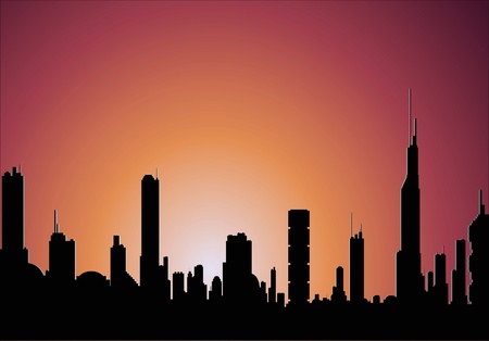 Picture oà modern big city in the morning  Buildings silhouettes and the rising sun のイラスト素材