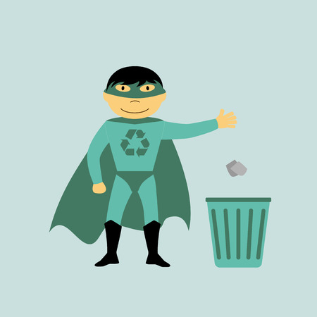 picture of superhero with recycling sign on the chest throwing trash in the basket, ecology and recycling conceptのイラスト素材