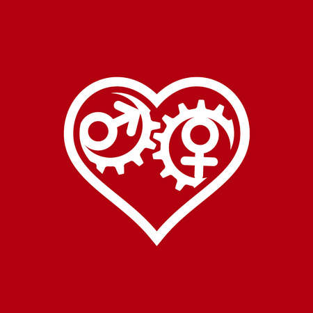 picture of heart and gears with mars and venus signs inside, love and relationship conceptのイラスト素材