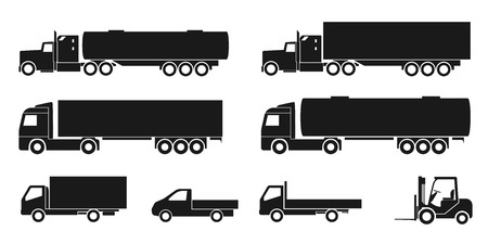 set of black and white silhouette icons of trucksのイラスト素材