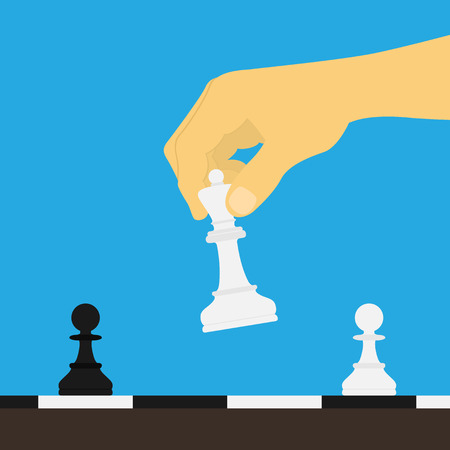 picture of human hand holding chess figure above the boardのイラスト素材