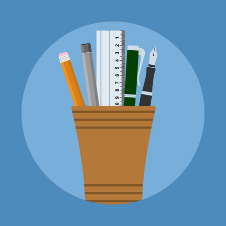 picture of glass with two pens, two pencils and ruler, flat style illustrationのイラスト素材
