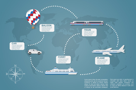 infographic template on traveling theme with world map on background ans icons of car, train, plain, ferry boat and hot air baloonのイラスト素材