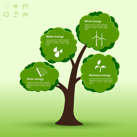 infographic template with tree and icons of alternative energy sources, ecology, alternative energy conceptのイラスト素材