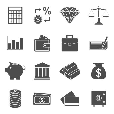 set of black and white silhouette icons on money themeのイラスト素材