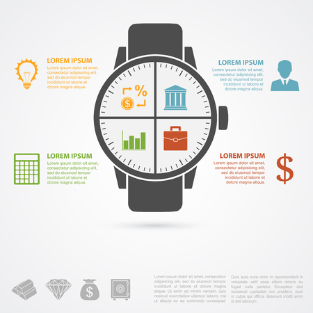 infographic template with hand clock silhouette and icons, time/money conceptのイラスト素材