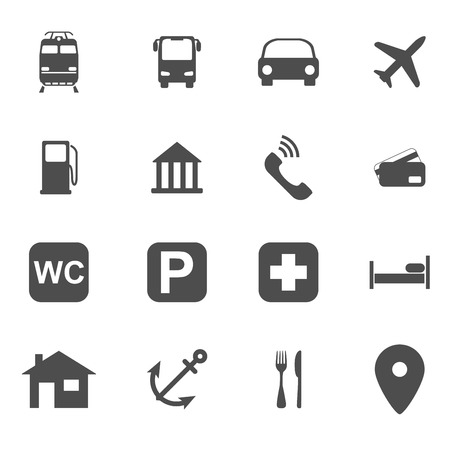 set of black and white silhouette icons, traveling, maps, gps conceptのイラスト素材