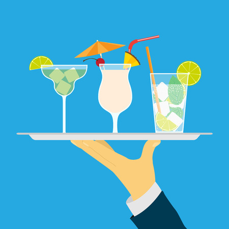 picture of human hand holding tray with cocktails, flat style illustrationのイラスト素材
