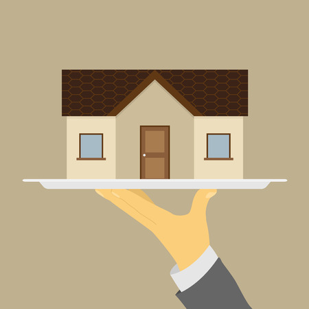picture of human hand holding tray with houseのイラスト素材
