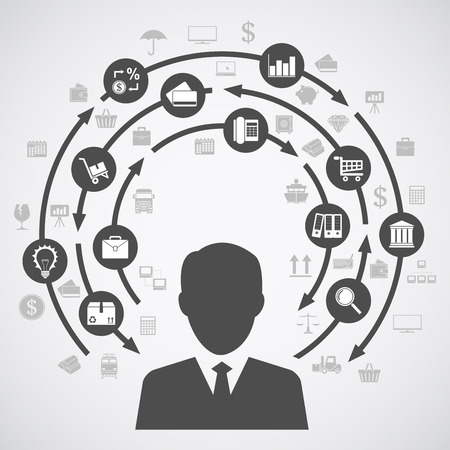 picture of a human silhouette and a diagram of business processes with a lot of iconsのイラスト素材