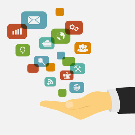 picture of a human hand with touchscreen interface, flat style illustrationのイラスト素材