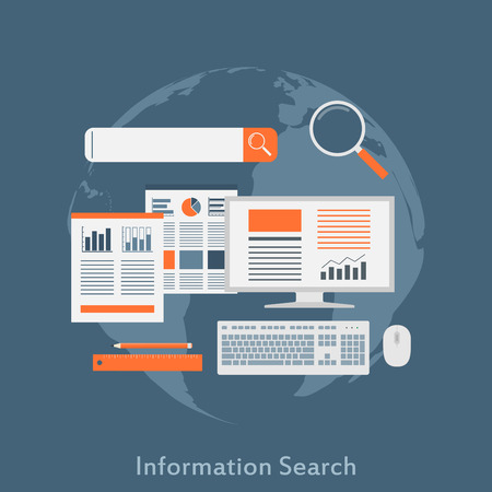 a flat style illustration concept for information search, seo optimization, analytical web searchのイラスト素材