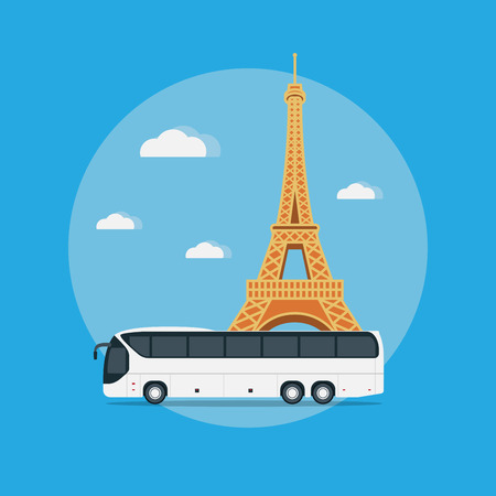 Picture of a bus in front of the Eiffel Tower, flat style illustration, travel conceptのイラスト素材