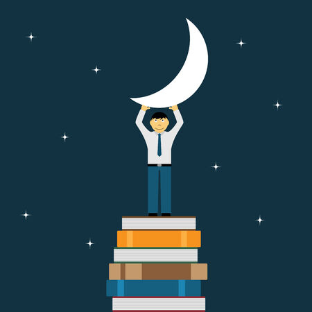 picture of a man standing on stack of books and holding the moonのイラスト素材