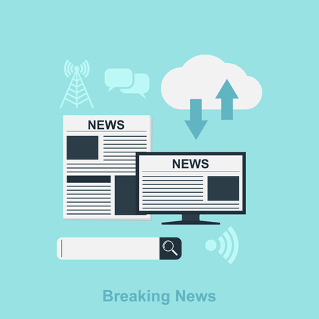 flat style illustration for news concept with icons, newspaper, computer, search bar, cloudのイラスト素材