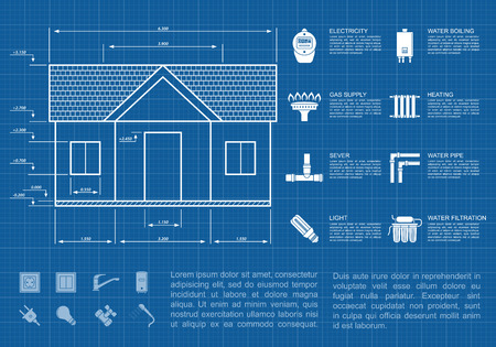 infographic template with house sketch and icons, communication supply lines conceptのイラスト素材