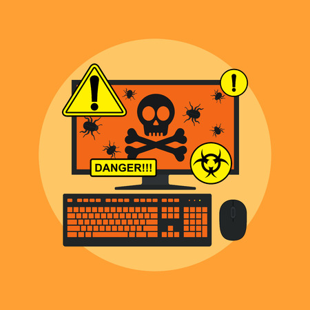 picture of computer with skull, bugs on its screen and danger signs, flat style illustration, spyware, virus infection conceptのイラスト素材