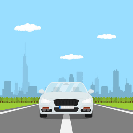 picture of car on the road with forest and big city silhouette on bakground, flat style illustrationのイラスト素材