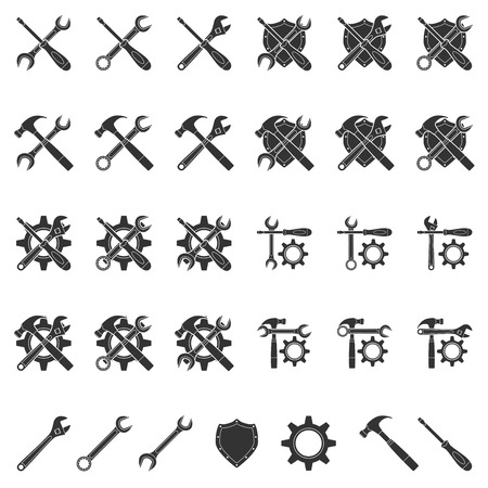 set of black and white silhouette icons for setup, settings, tech support themeのイラスト素材