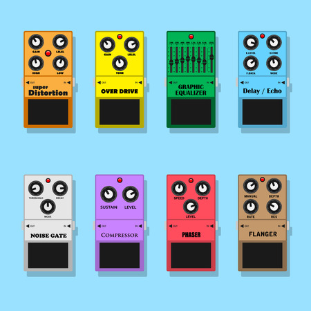 set of guitar pedals effects: distortion, overdrive, equlizer, delay, noise, compressor, phaser and flanger, flat style illustrationのイラスト素材