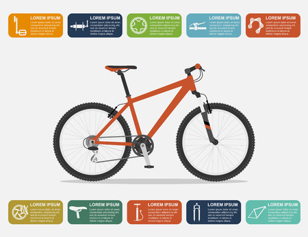 infographic template with mountain bike and icons, flat style illustrationのイラスト素材