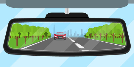 picture of a car rear view mirror reflected road, another car, trees and big city silhouette, flat style illustrationのイラスト素材