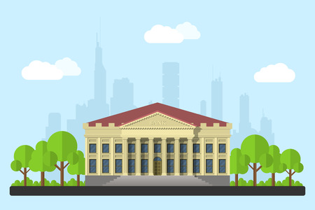 picture of bank building, clouds and trees, with big city silhouette on background, flat style illustrationのイラスト素材