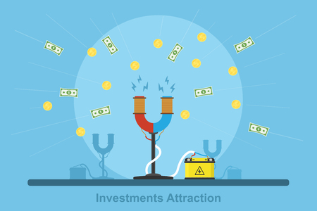Picture of electric magnet connected to the battery and drawing coins and banknotes, flat style concept for investments attraction and money accumulation conceptのイラスト素材