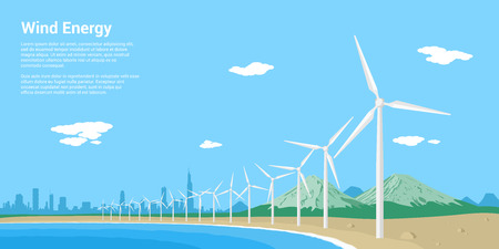 picture of wind turbines on a sea shore, flat style concept of renewable wind energyのイラスト素材