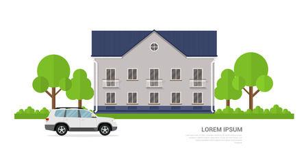 picture of a privat house and a car in front of it, flat style banner conceptのイラスト素材