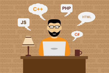 picture of a working programmer, software development concept, flat style illustration