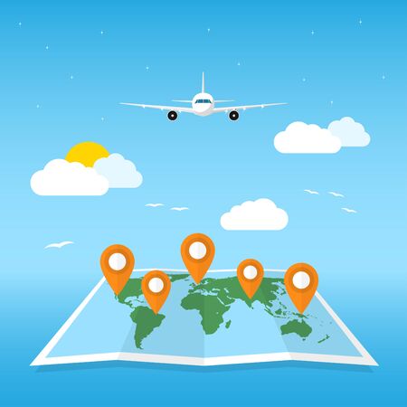 picture of world map with pointers, clouds and plane, travel, around the world, vacation concept, flat style illustrationのイラスト素材