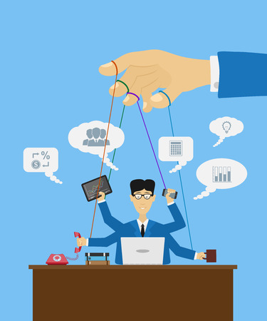 picture of a puppet worker with many hands and a hand that manipulate it, flat style illustrationのイラスト素材