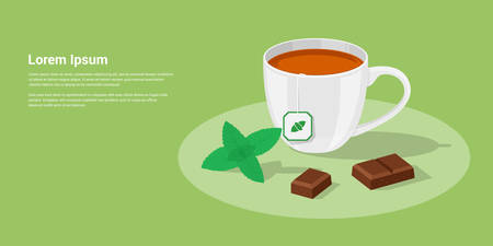 picture of a cup of tea with chocolate pieces and mint leaves, flat style illustrationのイラスト素材