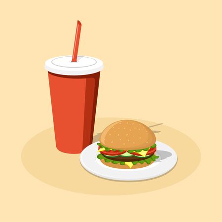 picture of cheeseburger on plate and paper cola cupのイラスト素材