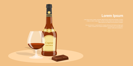 picture of cognac bottle, cognac glass and chocolate, flat style illustrationのイラスト素材