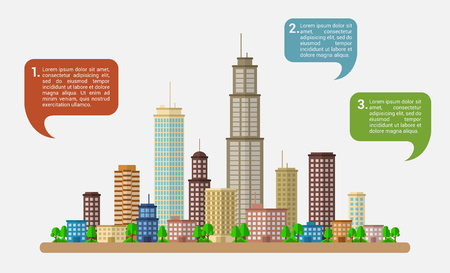 Infographic template with modern big city and speech bubbles, flat style illustrationのイラスト素材