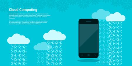 Picture mobile phone and clouds with data streams on background, cloud computing, cloud service concept, flat style illustrationのイラスト素材