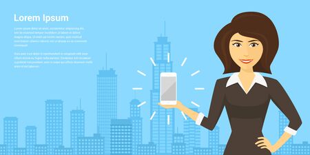 picture of a smiling woman holding smartphone with big city silhouette on background, flat style illustrationのイラスト素材