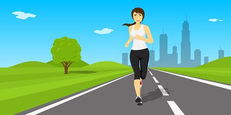 Picture of young pretty woman running on the road with big city silhouette on background, fitness, sport and healthcare conceptのイラスト素材