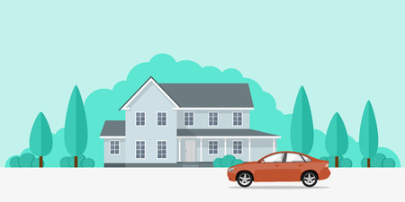 picture of a privat house and a car in front of it, flat style banner conceptのイラスト素材