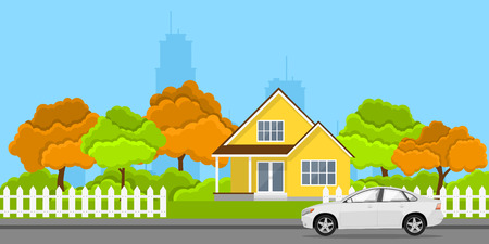 picture of a privat house and a car in front of it, flat style conceptのイラスト素材