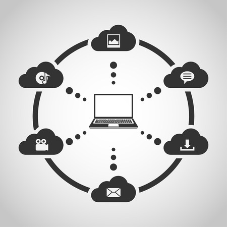 Cloud computing concept. Data storage network technology. Laptop connected to the clouds. Flat style illustration.のイラスト素材