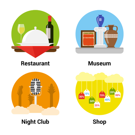 set of flat style icons of entertainments, museum, night club, shopping, restaurantのイラスト素材