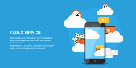 flat style concept banner, cloud storage, cloud service, picture of smartphone with clouds and set...
