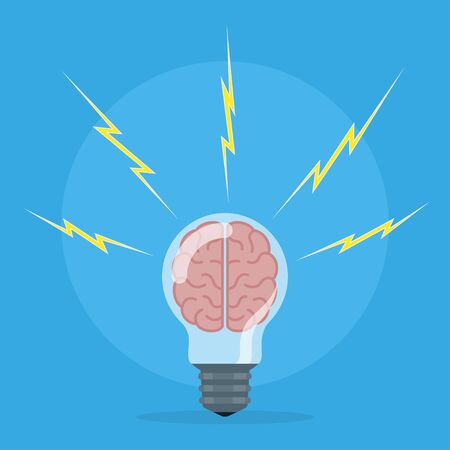 picture of human brain unside a light bulb and a lightning around, brainstorming, new idea and creativity concept, flat style illustrationのイラスト素材