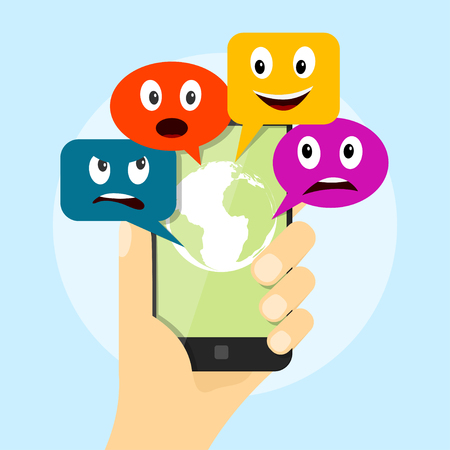 picture of human hand holding mobile phone with speech bubbles with different emotions, mobile communication and social network concept, flat style illustrationのイラスト素材